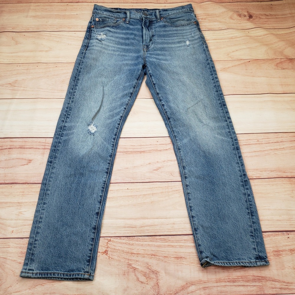 American Eagle Original Straight Jeans Mens 31x32 Blue Easyflex Distressed Denim